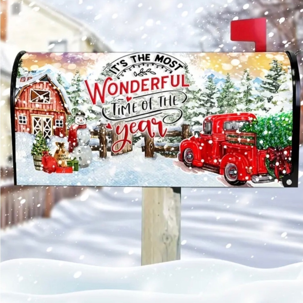 1pc Country Christmas Holiday Snowman Vintage Red Truck Mailbox Cover-Straps